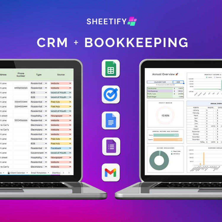 Sheetify Google Sheet CRM and Bookkeeping Templates