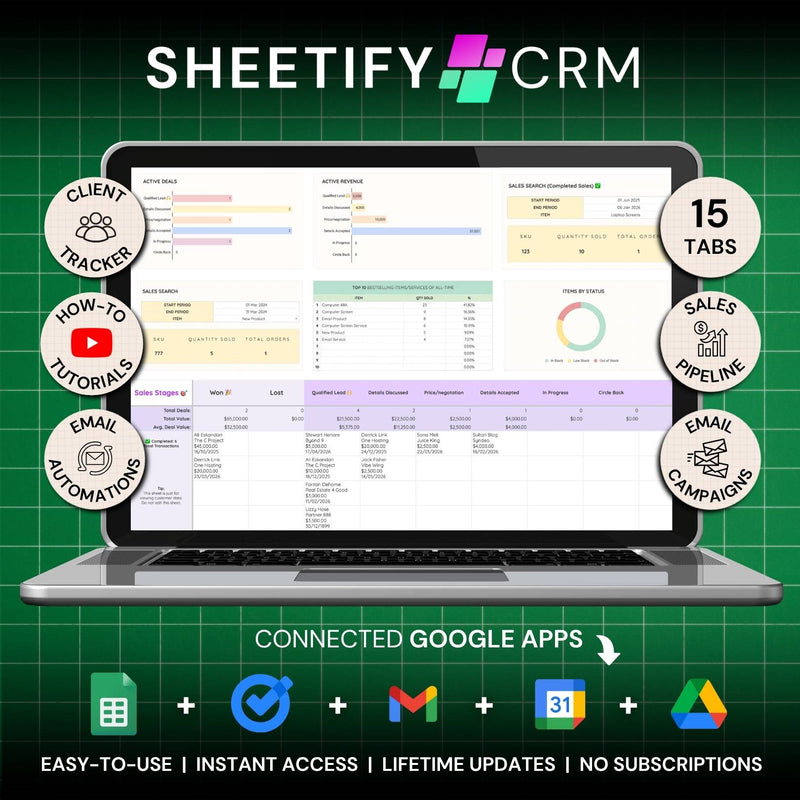 Sheetify CRM | 12-in-1 Google Sheets CRM Template